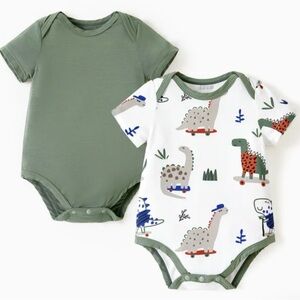 Free w/ any purchase PatPat Green and White Bamboo Dinosaur Bodysuits
